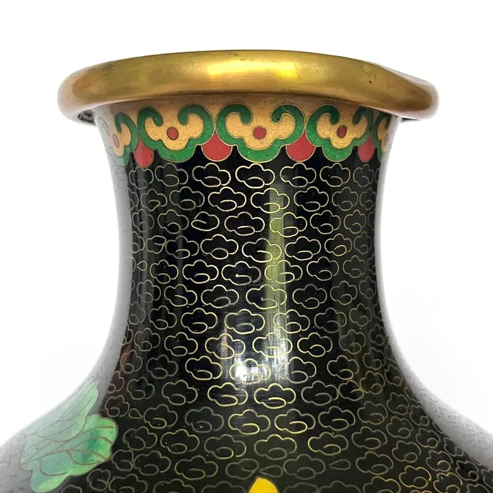 Vintage Chinese Cloisonne Lotus Flower Floral Botanical Bird Vase 10